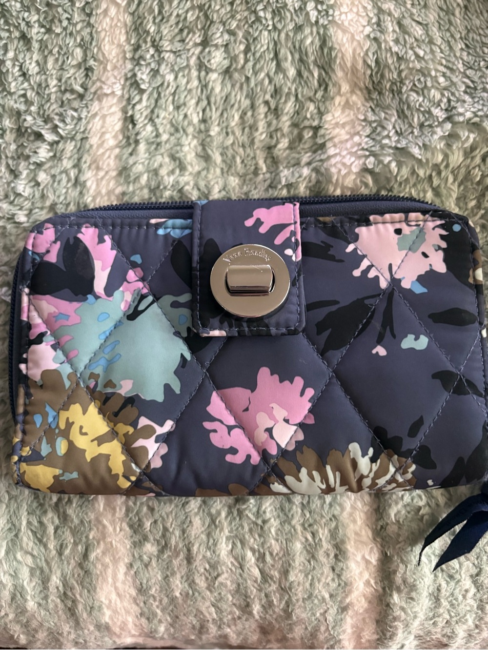 Vera Bradley Quilted Floral Wallet in Navy with Pink, Mint & Yellow